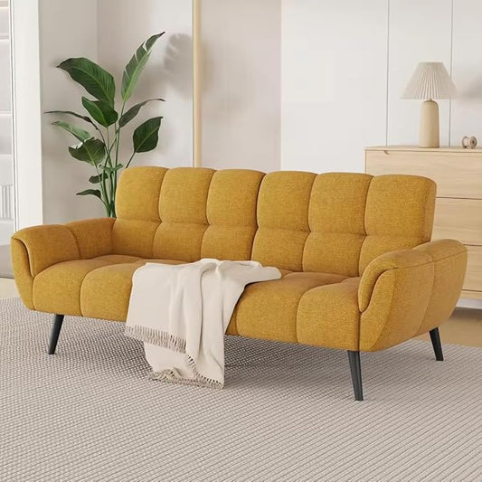 Futon Sofa Bed, Convertible 77" Modern Linen Futon Couch, Comfy Sleeper Sofa with Adjustable Backrests, Couch Bed for Small Spaces, Living Room, Bedroom, Apartment, Golden Yellow