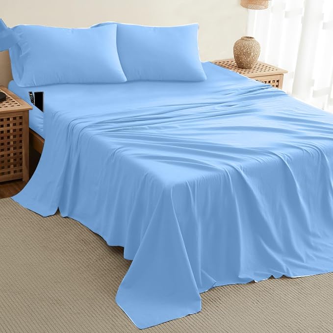 DREAMCARE King Size Sheets Set – 4 pcs Cooling Sheets – up to 21” Deep Pocket King Sheet Set – Hotel Luxury Sheets & Pillowcases – Superior Softness 100% Fine Microfiber with Side Pocket – Light Blue DREAMCARE