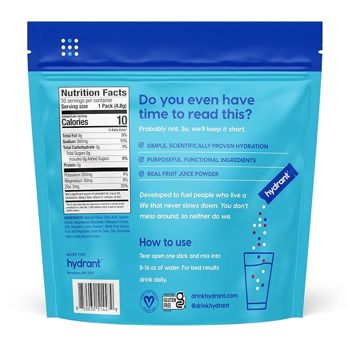 Hydrant Hydrate Zero Sugar, Individual Hydration Electrolyte Powder Stick Packets with Zero Sugar and Electrolytes for Rapid Hydration (Berry Burst, 30 Count)
