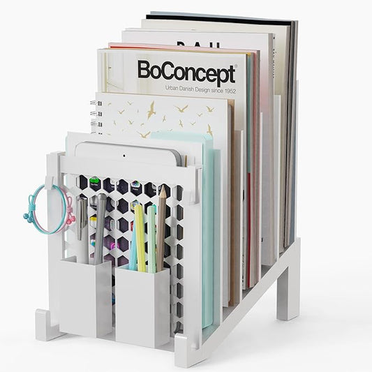 File Organizer for Desk with Storage Box & Hook, Inclined Desk File Organizer with 5-Section Vertical File Holder suitable for Home Office Document Organization (White)