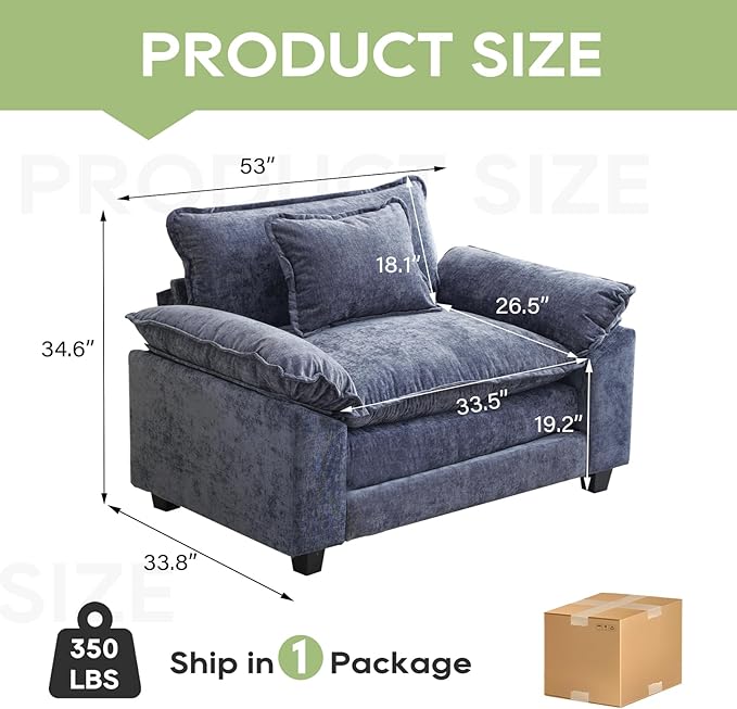 Modular Sectional Sofa, Comfy Cloud Couch Sectional Sofa, Chenille Sofa Sleeper Deep Seat Sofa with Throw Pillows for Living Room (Blue, 53"- Single Seat)
