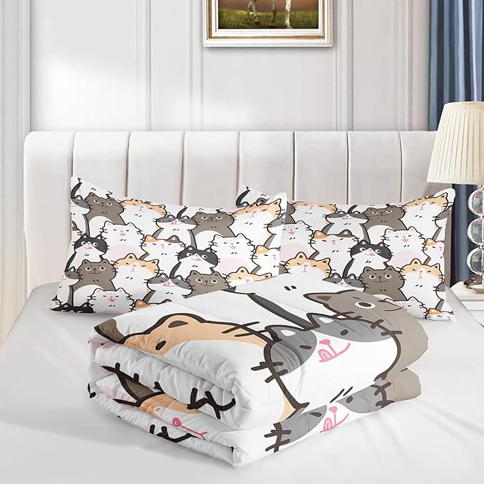CVHOUSE Cat Bedding,Cartoon Cat Comforter King,Animals Print Comforter Set for Kids,Kawaii Quilt Set with 1 Comforter and 2 Pillow Cases