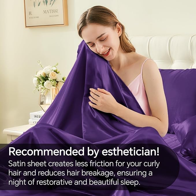 BEDELITE California King Sheets Set, Luxury Soft Plum Purple Satin Sheets for Hair and Skin, Similar to Silk Bed Sheets Set 4 Pieces with 1 Deep Pocket Fitted Sheet, 1 Flat Sheet, and 2 Pillowcases