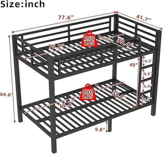 Twin Over Twin Bunk Bed, Metal Bunk Bed Frame Heavy Duty Bunk Beds Loft Bed Frame with Ladder and Guardrail Metal Slats No Box Spring Required for Adults Teens, Black