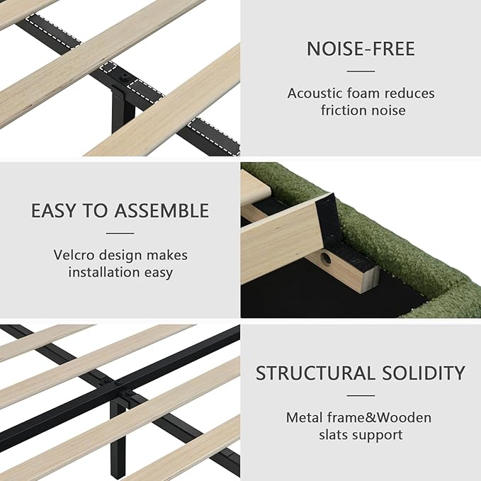Twin Size Bed Frame, Cloud Boucle Upholstered Bed Frame with Headboard, Twin Bed Frames for Kids, Adjustable Headboard, No Box Spring Needed, Easy Assembly, Green