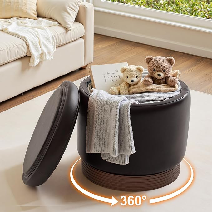 Round Storage Ottoman,Swivel Vanity Stool-Smooth Faux Leather Foot Rest,Footstool Pouf with Sturdy Acacia Wood Frame(500lbs),Small Coffee Table & Hidden Storage Ottoman for Living Room