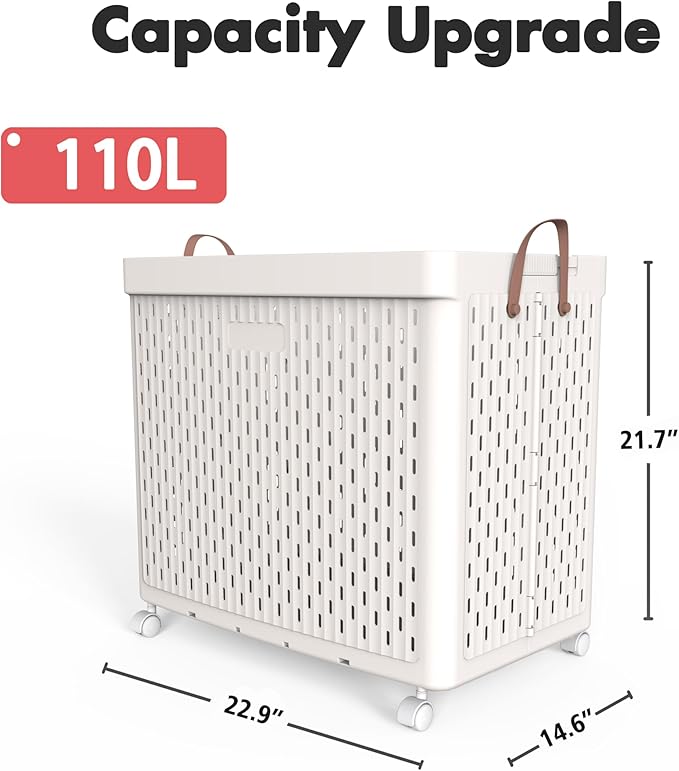 UAK Laundry Basket with Wheels, Collapsible Plastic Laundry Hamper with Handle, Foldable Laundry Basket Organizer for Laundry and Bathroom Snow White, XXXXL (110L)