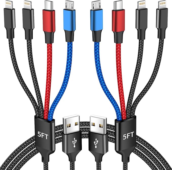 IDISON Travel 4 in 1 Multi Charging Cable with Dual IP/Type C/Micro USB, 2Packs 5FT Car Accessories iPhone Charger Cord for Multiple Devices, Universal USB Cable for iPhone17-8/iPads/Tablets and More