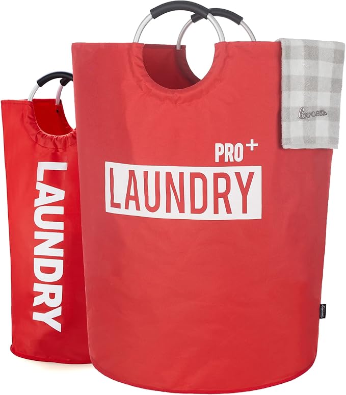 Caroeas Super Large 150L Laundry Basket Pro, Waterproof Laundry Hamper, Collapsible Laundry Basket Easy Storage, Clothes Hamper Stands Up Well, Laundry Bag with Padded Handles (Red)