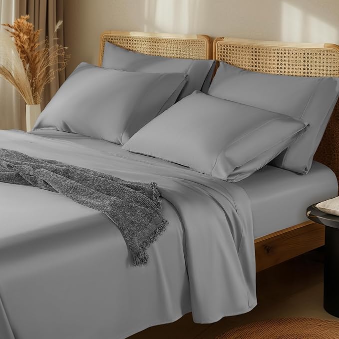 LBRO2M 1000 Thread Count 100% Egyptian Cotton Sheets Set 6 Piece Sets Queen Bed Sheet Deep Pocket Sheet Set 16" Soft Comfortable All Season (Queen, Gray) LBRO2MBedding