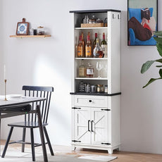 72in Tall Bookshelf 7 Tier Bookcase with Drawer and Barn Doors and Adjustable Shelves, White Farmhouse Book Shelf with Storage Cabinet, Wood Freestanding Display Bookshelves for Living Room