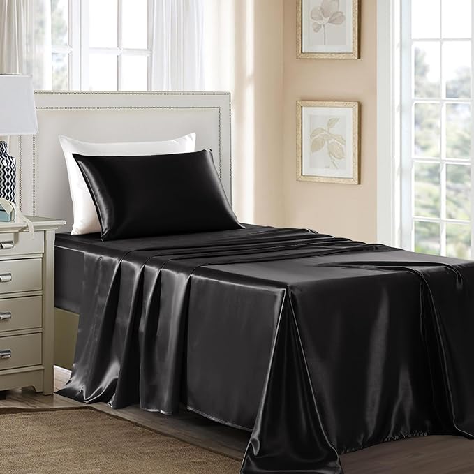 Satin Sheets Twin XL Size - 3 Pieces Luxury Silky Soft Bed Sheets, Wrinkle-Free Black Satin Silk Sheet Set with 1 Deep Pocket Fitted Sheet, 1 Flat Sheet, 1 Pillow case