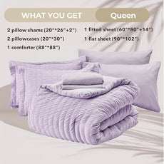 HYMOKEGE Lavender Queen Comforter Set Seersucker 7 Pieces, All Season Luxury Bed in a Bag for Bedroom, Bedding Set with Comforters, Sheets, Pillowcases & Shams