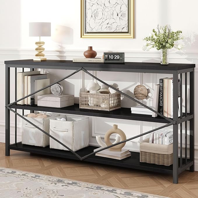 HSH Black Low Bookshelf, Wood Metal 3 Tier Long Horizontal Bookcase for Bedroom, Large Open Etagere Bookshelves with Storage for Home, Wide Under Window Book Shelf for Office Living Room, 70 Inch