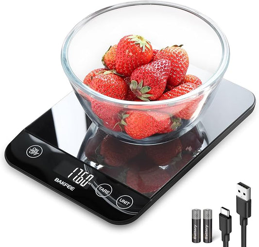 33lb Digital Kitchen Scale, Food Scale Rechargeable with Tempered Glass, Grams and Ounces, USB Charging, 1g High Accuracy for Baking, Cooking, Food BK807