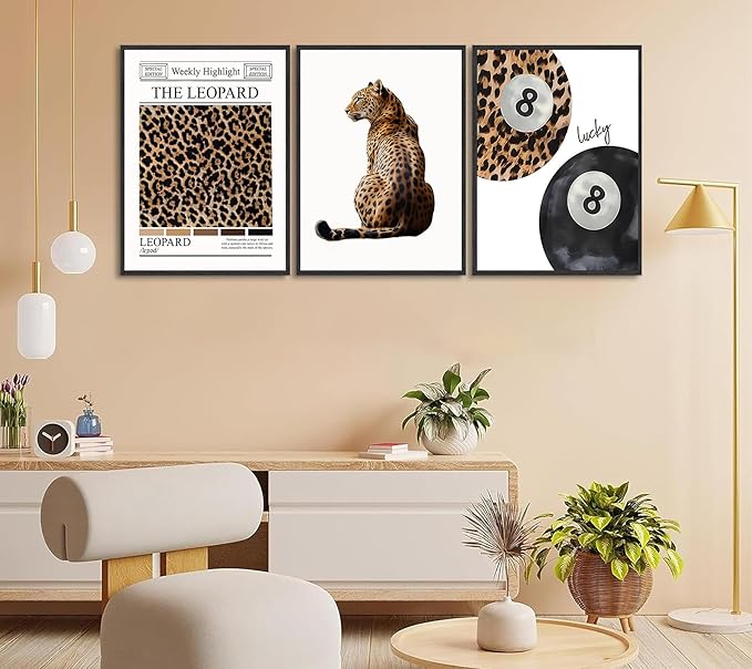 Set of 3 Trendy Leopard Canvas Wall Art Funky Lucky 8 Ball Posters Prints Preppy Room Aesthetic Cheetah Wall Decor Paintings Pictures for Girls Bedroom Apartment Dorm 16x24in Unframed