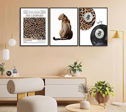 Set of 3 Trendy Leopard Canvas Wall Art Funky Lucky 8 Ball Posters Prints Preppy Room Aesthetic Cheetah Wall Decor Paintings Pictures for Girls Bedroom Apartment Dorm 12x16in Unframed