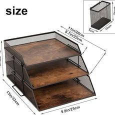 Vintage Wood & Metal Letter Tray， Stackable Desk Organizers Paper Tray， for File Magazines Mail Organizer, Vintage Wood Desk File Organizer with Pen Holder(3 Layer)