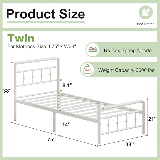 14 Inch White Twin Bed Frames with Victorian Headboard and Footboard, Heavy Duty Vintage Twin Bed Frame No Box Spring Needed, Metal Mattress Foundation, Easy Assembly