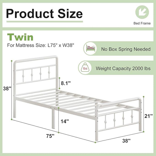14 Inch White Twin Bed Frames with Victorian Headboard and Footboard, Heavy Duty Vintage Twin Bed Frame No Box Spring Needed, Metal Mattress Foundation, Easy Assembly