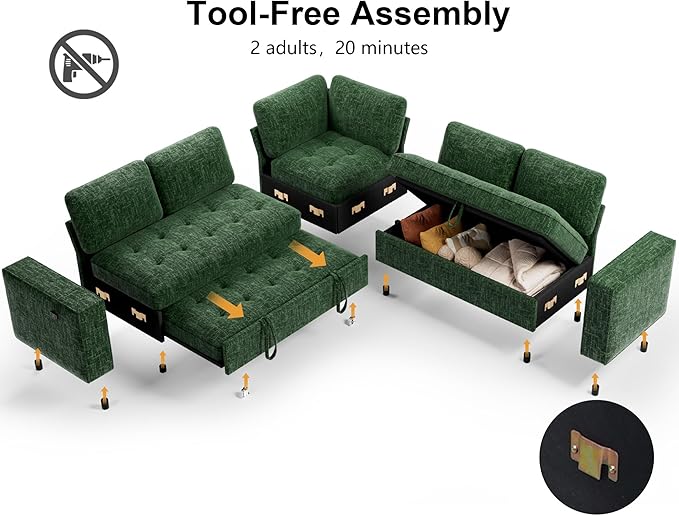 WEUP 5 Seat L Shaped Sectional Sleeper Sofa Bed with Pull Out Bed, Chenille Sectional Sleeper Couch with Adjustable Backrest, USB Ports & Storage Seat, Tool-Free Assembly, Chenille Green