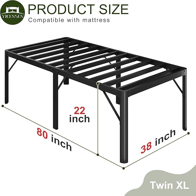 22 Inch High Twin XL Bed Frames with Rounded Corner Legs, Heavy Duty XL Twin Metal Platform Bed Frame No Box Spring Needed, Easy Assembly, Noise Free, Black