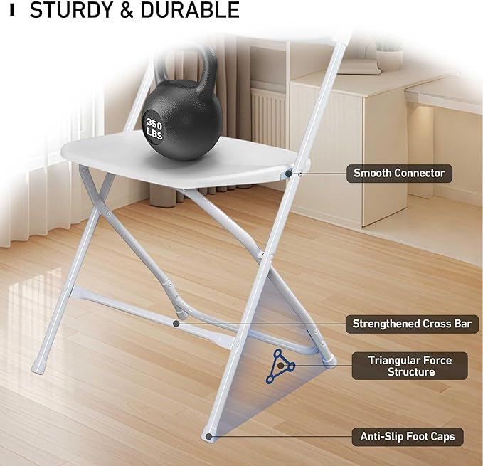 10 Pack White Plastic Folding Chairs with 350-LBS Capacity, Portable Indoor Outdoor Chairs, Stackable Commercial Seat with Steel Frame for Office, Party, Events, Wedding, Kitchen