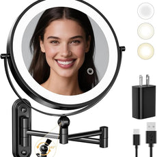 Rocollos 9-Inch Large Makeup Mirror with 30X Magnification, Rechargeable Wall Mounted Vanity Mirror with Lights, 3 Color Dimmable LED, Touch Screen & Retractable Arm-Black (9INCH-Black)