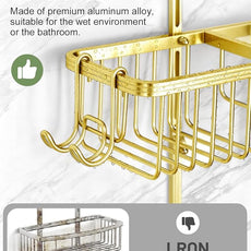 Adjustable Shower Caddy Hanging for Handheld Showerheads - Never Rust Shower Hanging Organizer, Upgraded Bathroom Shower Rack with Soap Basket, Hooks and Toothbrush Holder (Gold)
