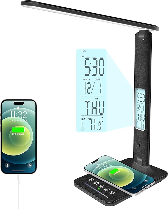 Desk Lamp, Desk Light with Wireless Charger, USB Charging Port, Dimmable Office Desk Lamp with Clock, Alarm, Date, Temperature, Foldable Table Lamp for Table Bedroom Bedside Office (Black PRO)