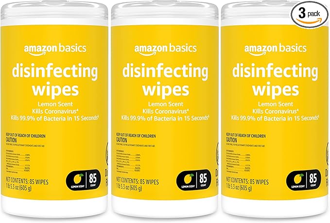 Amazon Basics Disinfecting Wipes, Lemon Scent, Sanitizes/Cleans/Disinfects/Deodorizes, 255 Count (3 Packs of 85)