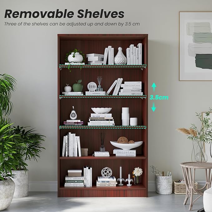 Farini 5 Shelf boockase Display Bookcase Freestanding Wooden Bookshelves for Home Office Living Room,60 Inch Height,Cherry
