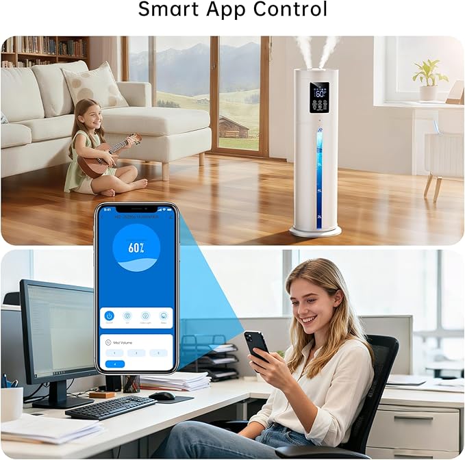 2.1Gal/8L Smart Humidifier Large Room, Top Fill Humidifiers for Bedroom with Diffuser, 7 Color Lights,16H Timer, Auto Mode, APP Remote Control, 4 Levels Cool Mist Air Humidifier for Plants Home Office