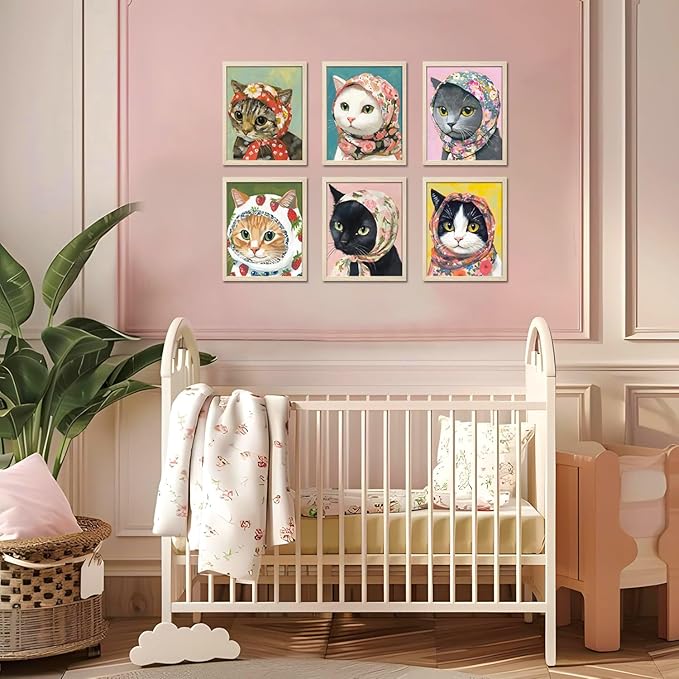Funny Cat Poster Set of 6, Whimsical Babushka Cats Wall Art Eclectic Lover Cat Pictures Decor, Quirky Animal Pictures Canvas Painting Prints Aesthetic for Bedroom Living Room 12x16 inch Unframed