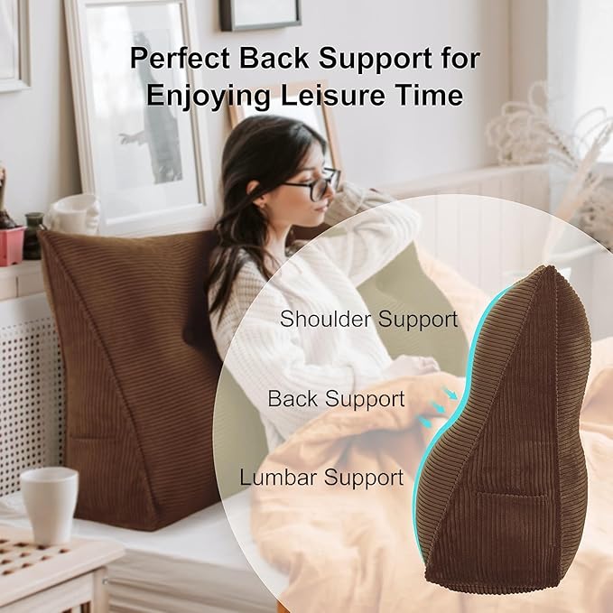 WOWMAX 100% Cotton Corduroy Headboard Pillow – Twin Size Back Support Reading Wedge for Bed & Daybed, Plush Handmade Bolster Cushion with Removable Cover, Cozy Bed Rest Pillow, Coffee