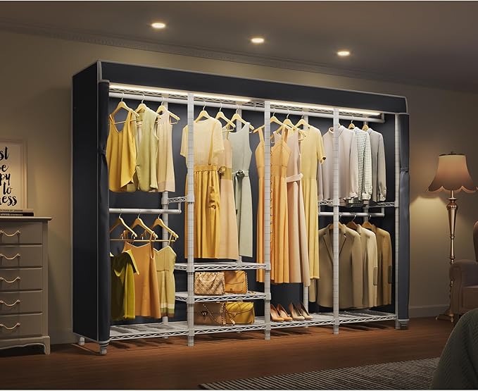 VIPEK V40LC Covered Clothes Rack with Dimmable LED Lights, Heavy Duty Garment Rack with Cover Portable Closet Wardrobe Clothing Racks for Hanging Clothes, White Closet Racks with Black Oxford Cover