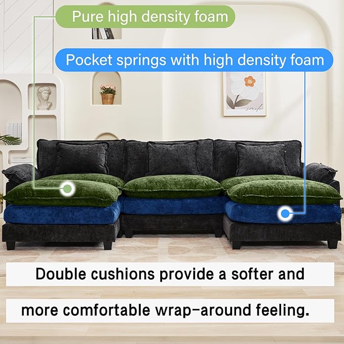 120" Modular Sectional Sofa, Comfy Cloud Couch Sectional Sofa with Ottoman, Chenille Sofa Sleeper Deep Seat Sofa with Throw Pillows for Living Room (Black, 120"- U Shape)