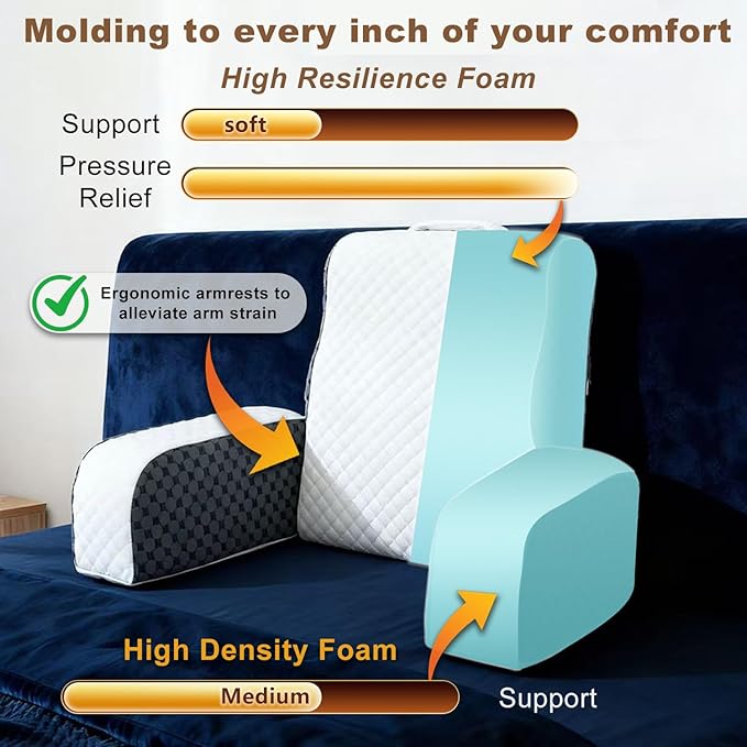 Bed Reading Pillow Back Support with Arms, Removable Pillowcase for Book Working Gaming Resting Watching TV, Gray White/20in