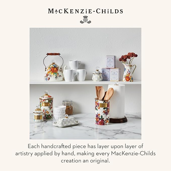 MACKENZIE-CHILDS Enamel Utensil Holder, Kitchen Utensil Holder for Countertop, Storage Caddy, White Flower Market