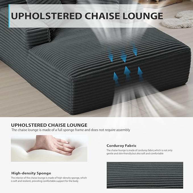 50 Inch Chaise Lounge Chair Indoor, Oversized Corduroy Upholstered Boneless Sofa Bed, Deep Seat Sleeper Couch Reading Chairs, Cloud Sofas Couches for Living Room, No Assembly Required (Dark Grey)