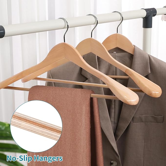 Solid Wood Suit Hangers, 6 Pack, Coat Hangers with Non Slip Trouser Bar, 360° Swivel Hook, Heavy Duty Wide Hangers for Suit, Coat, Jacket, Trousers, Pants,17.3" W x 9" H, Natura AWY0406N