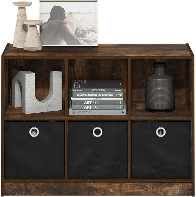 Furinno Basic Book Shelf, 6-Cube Bookshelf, 3 x 2 Bookcase with Storage Bins, 11.9 x 31.6 x 23.6, for Living Room, Bedroom, Home Office, Amber Pine