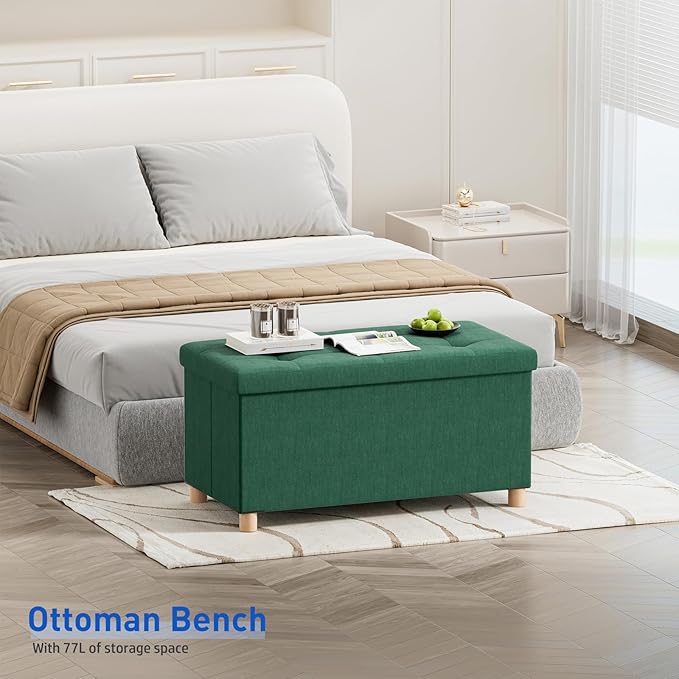 BRIAN & DANY 30 Inches Folding Storage Ottoman Bench, Ottoman with Storage Bench for Bedroom, Living Room, Entryway, Foot Rest with Legs, Dark Green