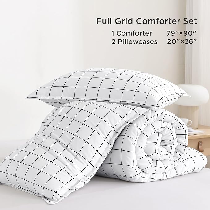 Andency Full Size Comforter Sets, White Gingham Plaid Grid Checkered Bedding Comforter Set for Teens Boys Girls Kids, 3 Pieces Lightweight Reversible Preppy Bedding Set(79x90 Inch)