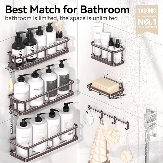 YASONIC Shower Caddy, 6 Pack Large Capacity shower Organizer with Soap Holder and 12 Hooks, Rustproof Shelves for Inside Shower, No Drilling&Sleek Bathroom Organizers and Storage Bronze