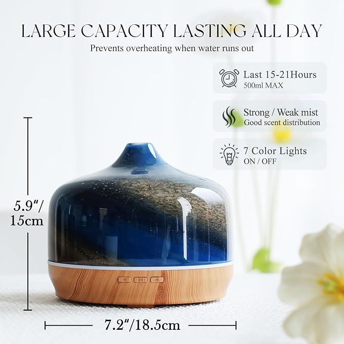 Porseme 500ml Glass Essential Oil Diffuser Aromatherapy Ultrasonic Cool Mist Humidifier 15-21 Running Hours Waterless Auto-Off Air Diffusers for Sleeping Yoga Office Working Spa and Rest (Galaxy)