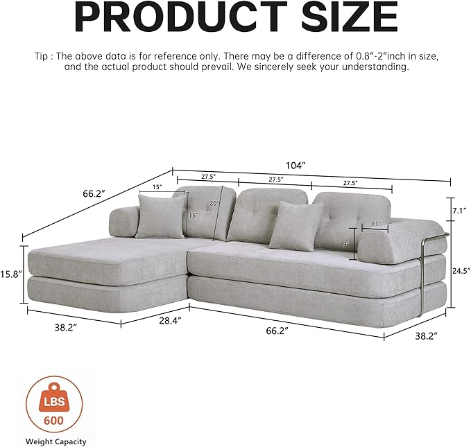 104" Oversized Convertible Sleeper Sofa Bed, Chenille L Shape Sectional Couch, Folding Sofa Bed with Fixed-Shape Frame, Modern Cloud Floor Mattress Couch, Modular Sofa for Living Room, Light Grey