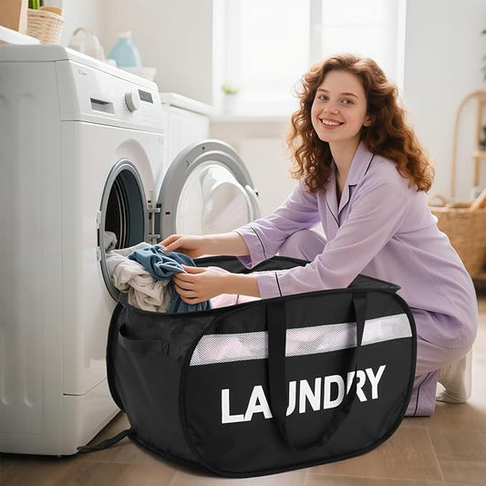 Collapsible Laundry Baskets with Lid, Foldable Clothes Hamper with Reinforced Handles, Sturdy Pop Up Hampers for Laundry, Tear Proof & Easy to Carry Laundry Hamper for Home, Dorm, Travel Black