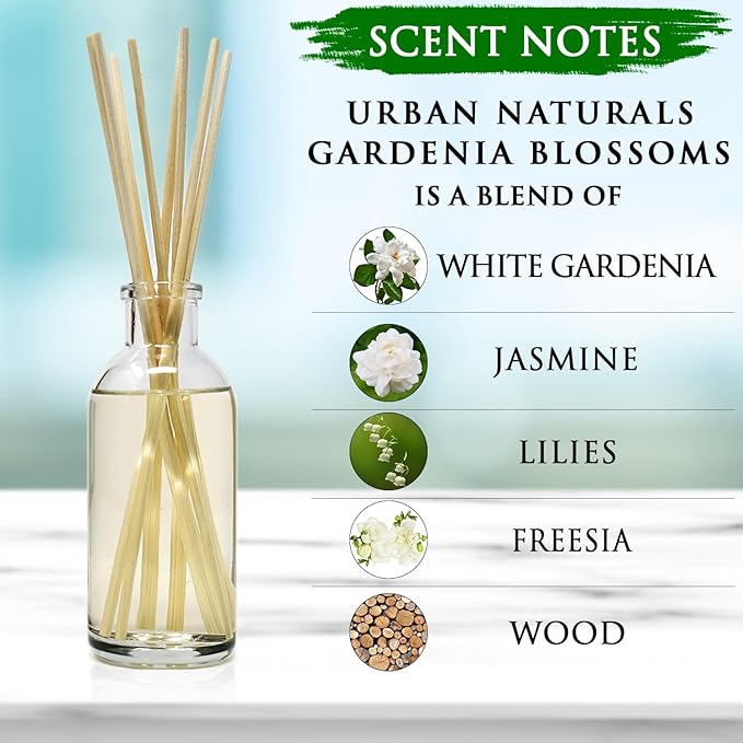 Urban Naturals Gardenia Blossoms Reed Diffuser Set with Jasmine, Gardenia, Ylang Ylang Scent Notes for a Continuous Air Freshener Scent