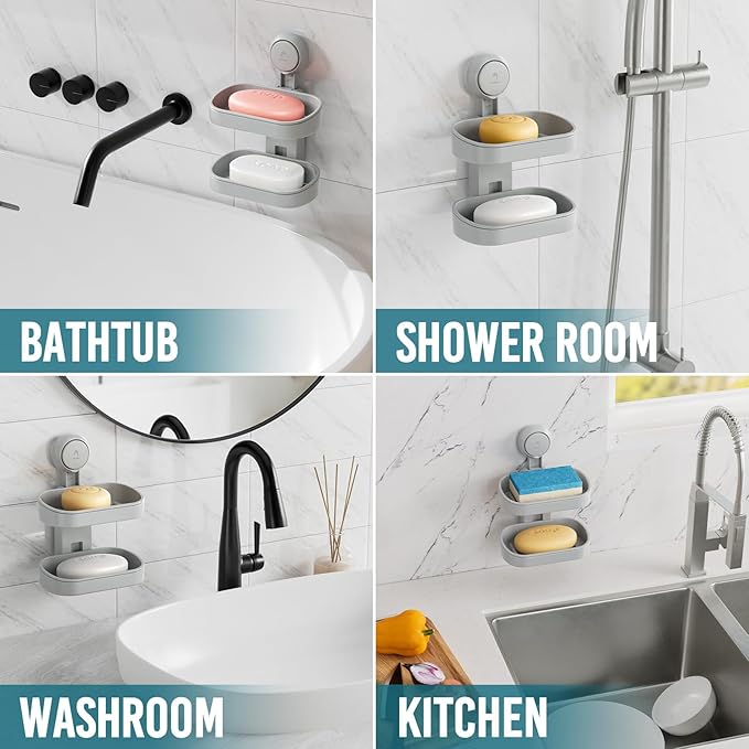 TAILI Double Layer Soap Dish Holder Suction Cup, Strong Sponge Holder for Shower, No Tools Soap Saver for Bathroom, Tub and Kitchen Sink, Shower Accessories, Drill-Free, Removable, Grey